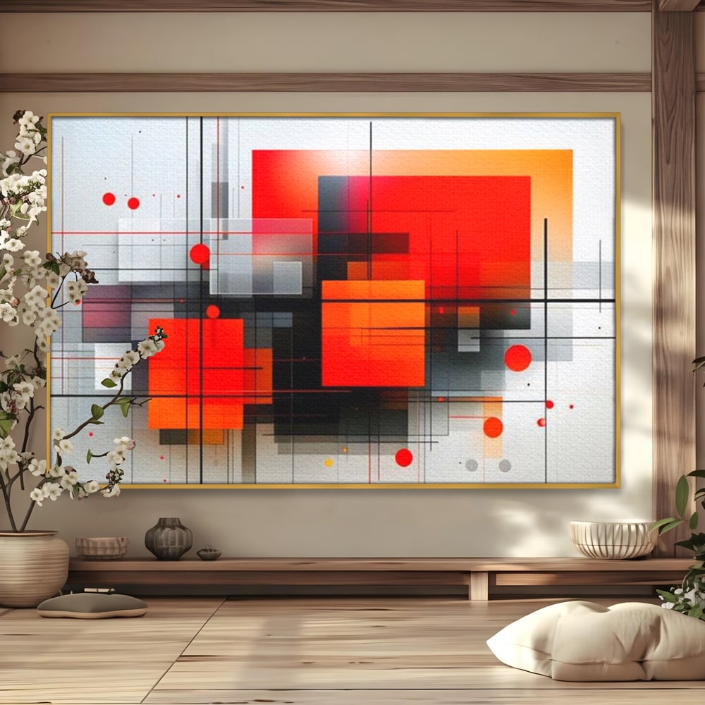 Tablou canvas cu ilustratie geometrica abstracta cu patrate, in rama de aluminiu auriu